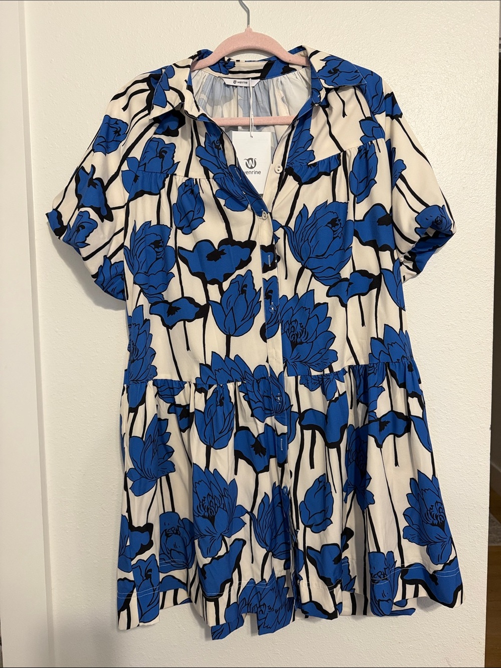 Blue Floral Short-Sleeve Mini Dress